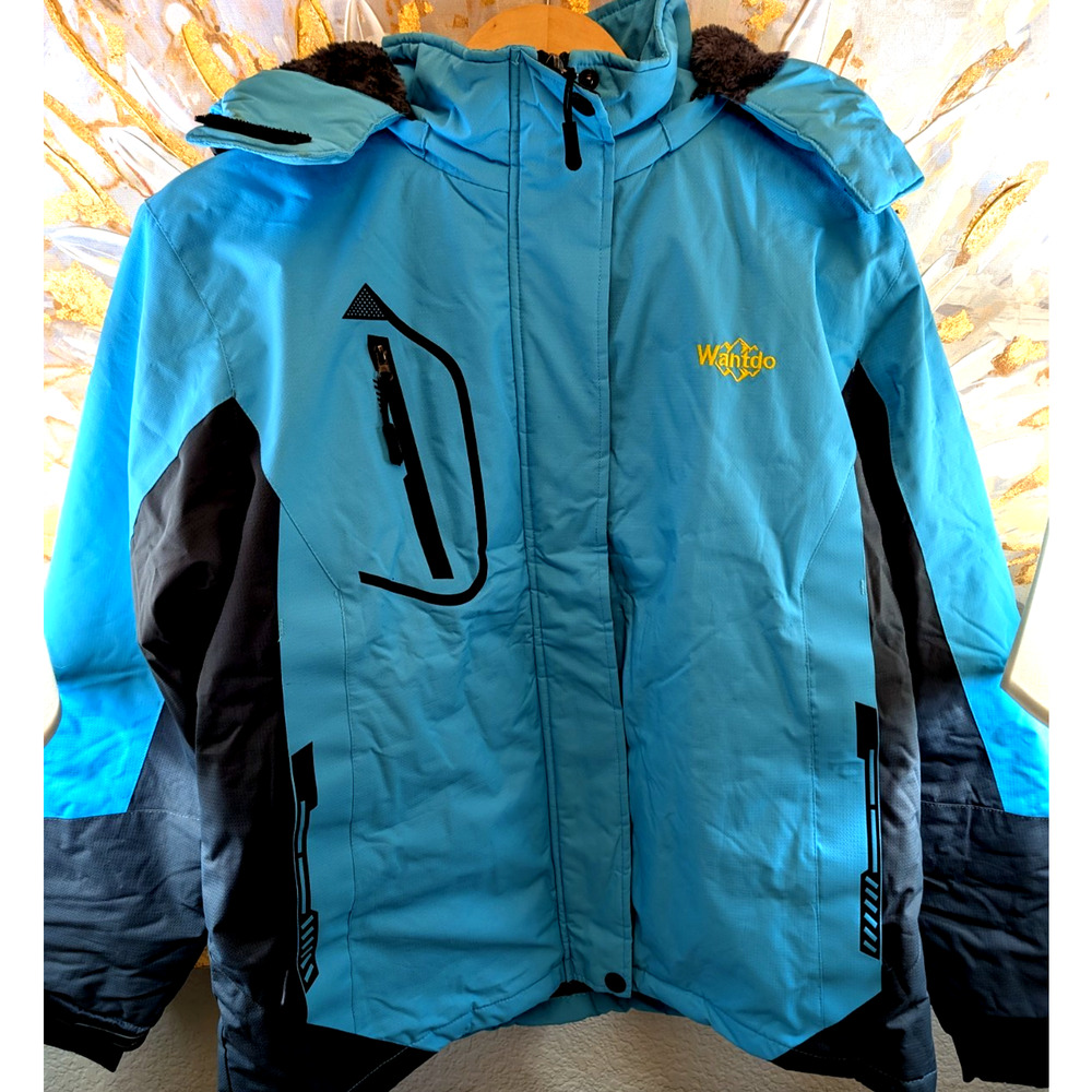 Wantdo Ski Jacket Mens Womens M Blue Insulated Hooded Winter Coat Faux Fur Lined